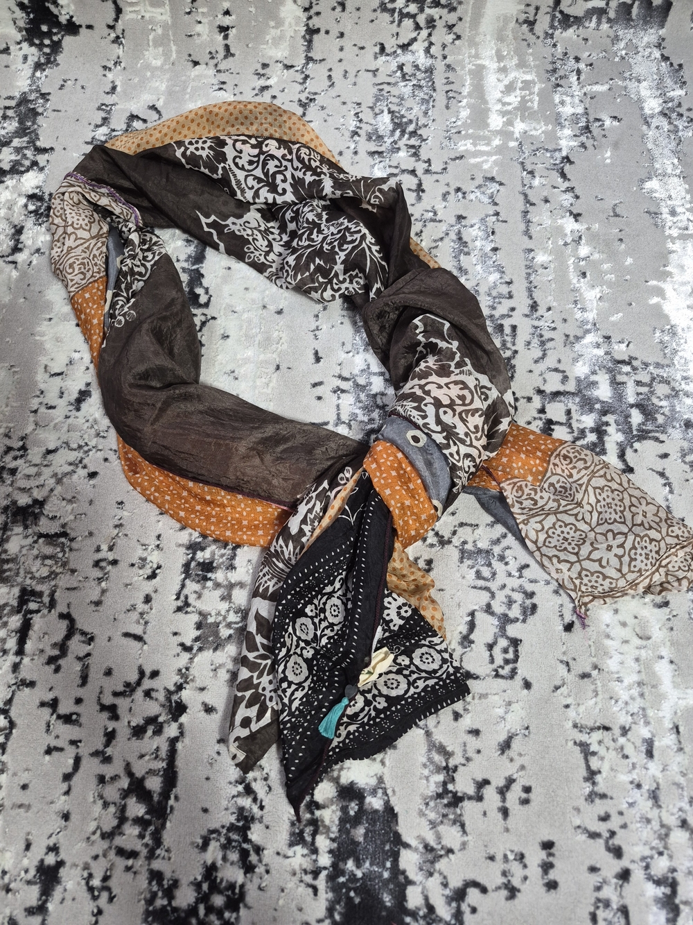 Z&L Europe Bohemian Fringe patchwork SILK Sheer Long Scarf Wrap